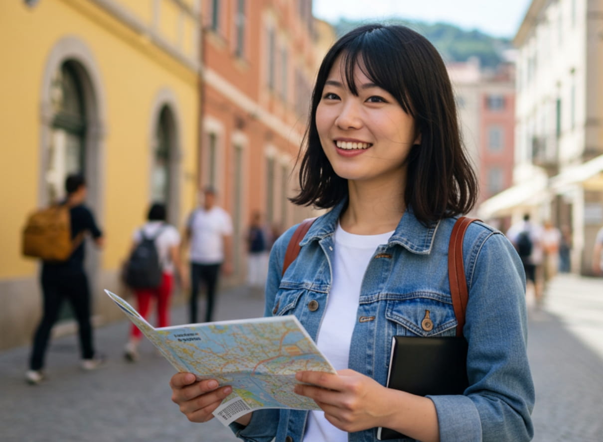 街中で地図を手に微笑む女性の背景にはヨーロッパ風の建物と歩く人々が映っている